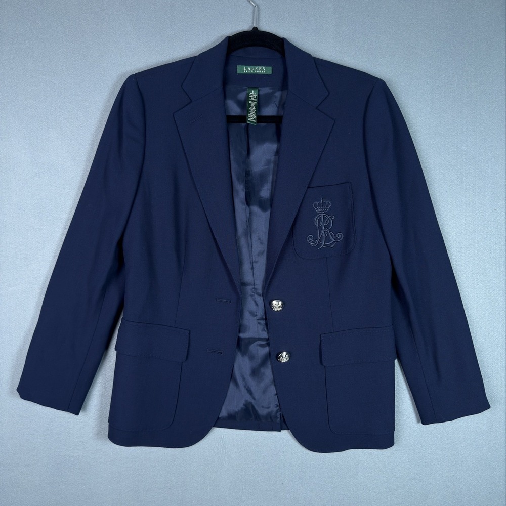 Lauren Ralph Lauren Navy Crest Blazer Womens Size 8 Two Button Wool Equestrian